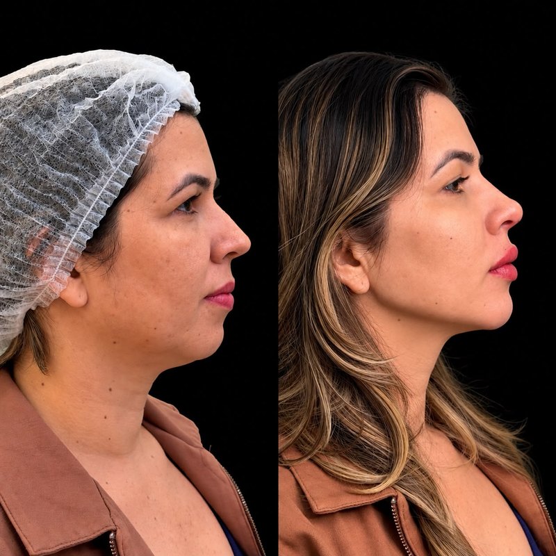 Antes do procedimento, rosto de perfil, fundo preto. Depois do procedimento, no mesmo perfil e no mesmo fundo.